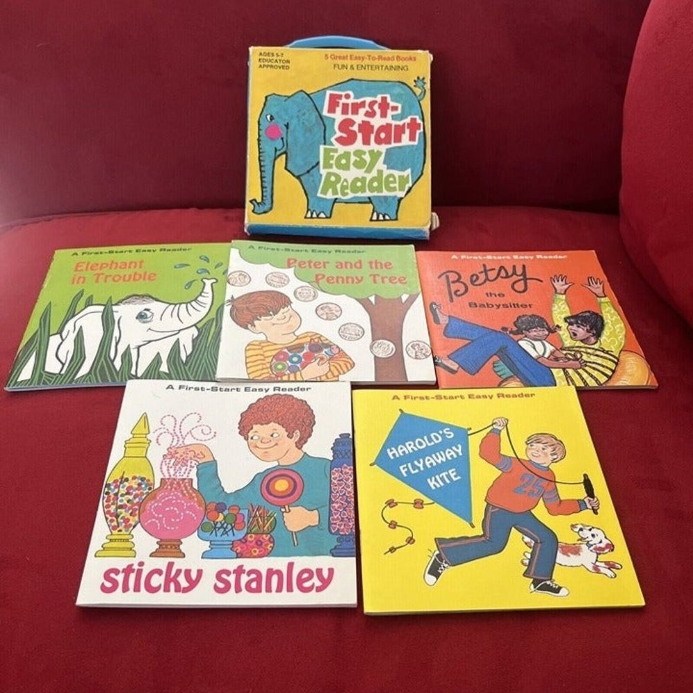 Vintage 1970 First Start Easy Reader Book Set 5 Carry Case Rare Troll Associates